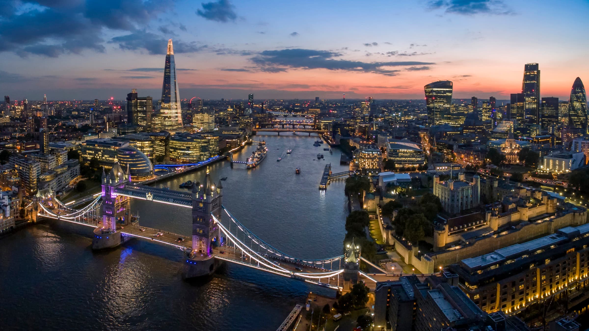 London skyline with the Thames and the Shard at twilight