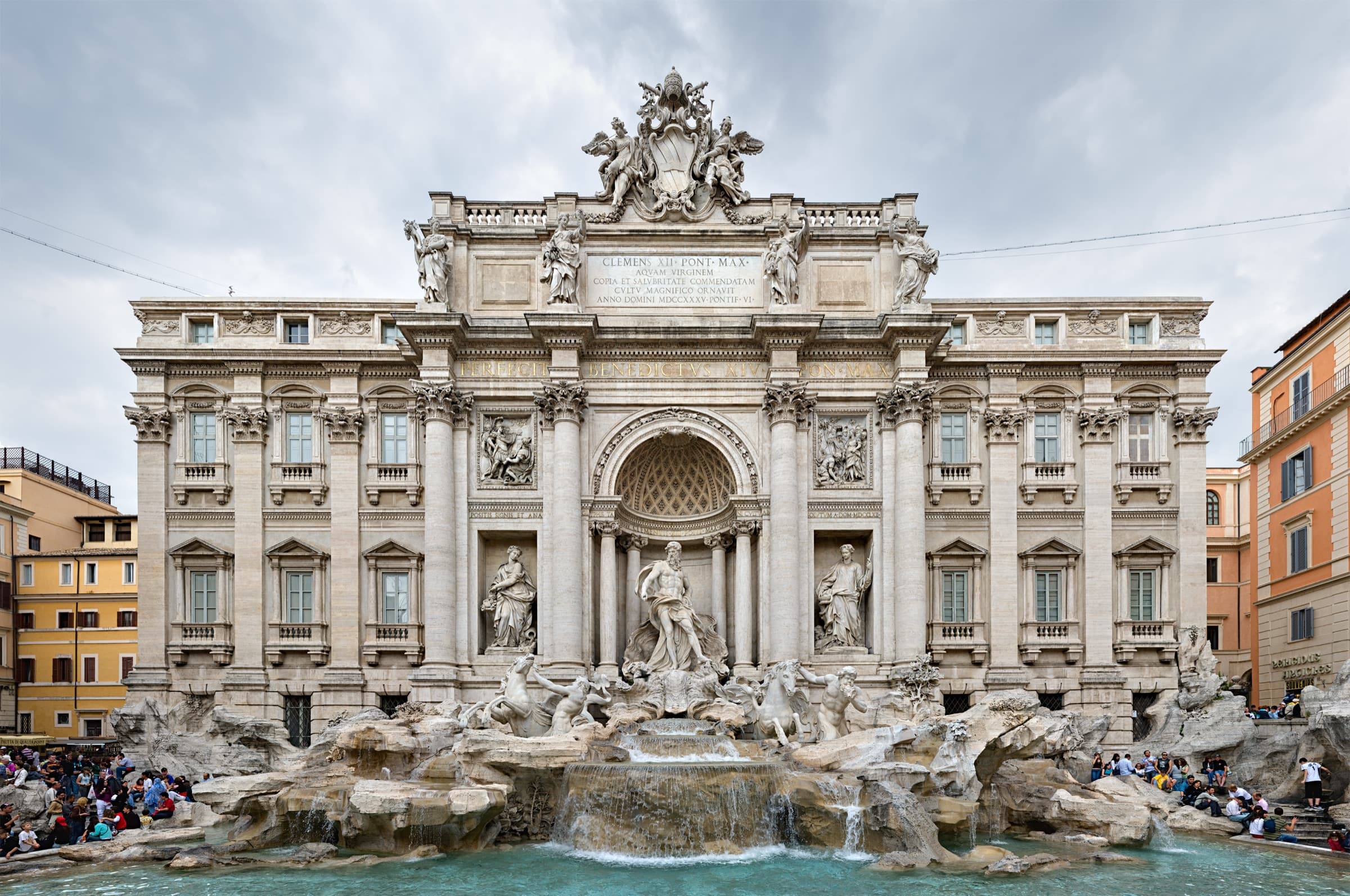 The Trevi Fountain in Rome on an overcast day