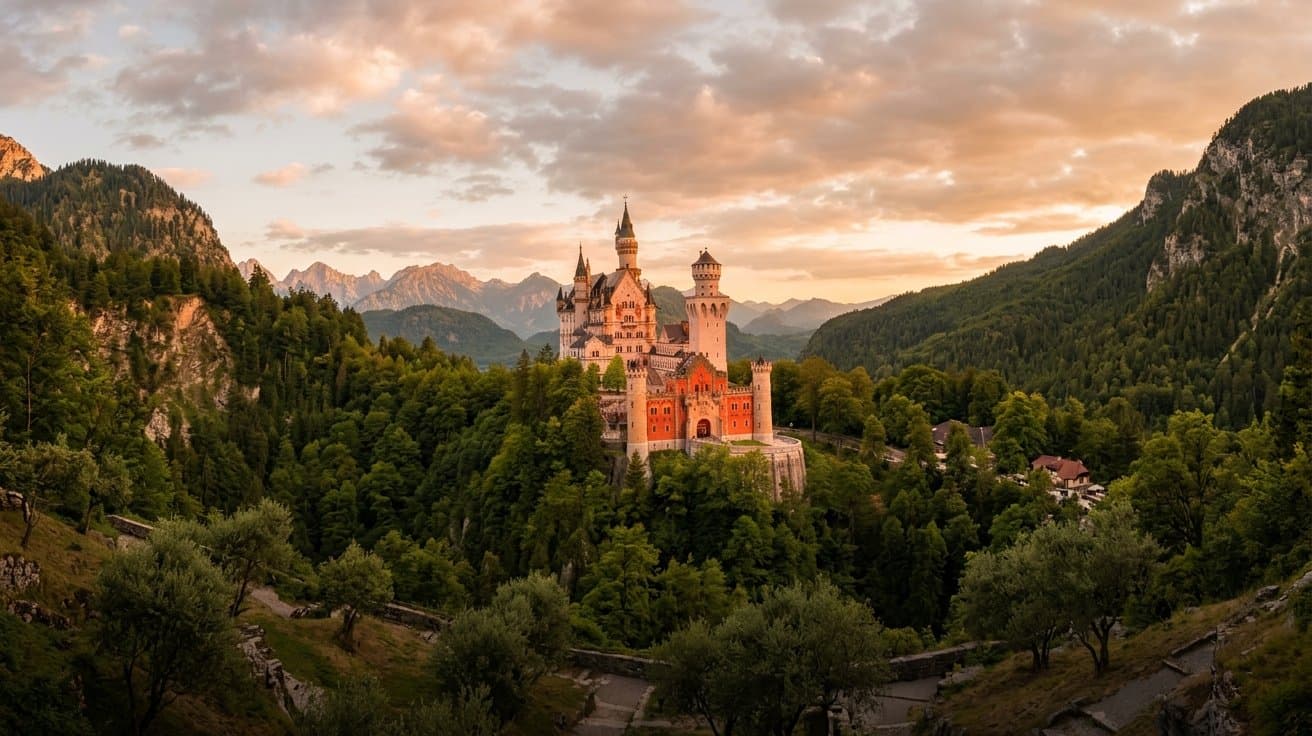 Neuschwanstein Castle above a forested Bavarian valley, lit gold at sunset with the Alps behind