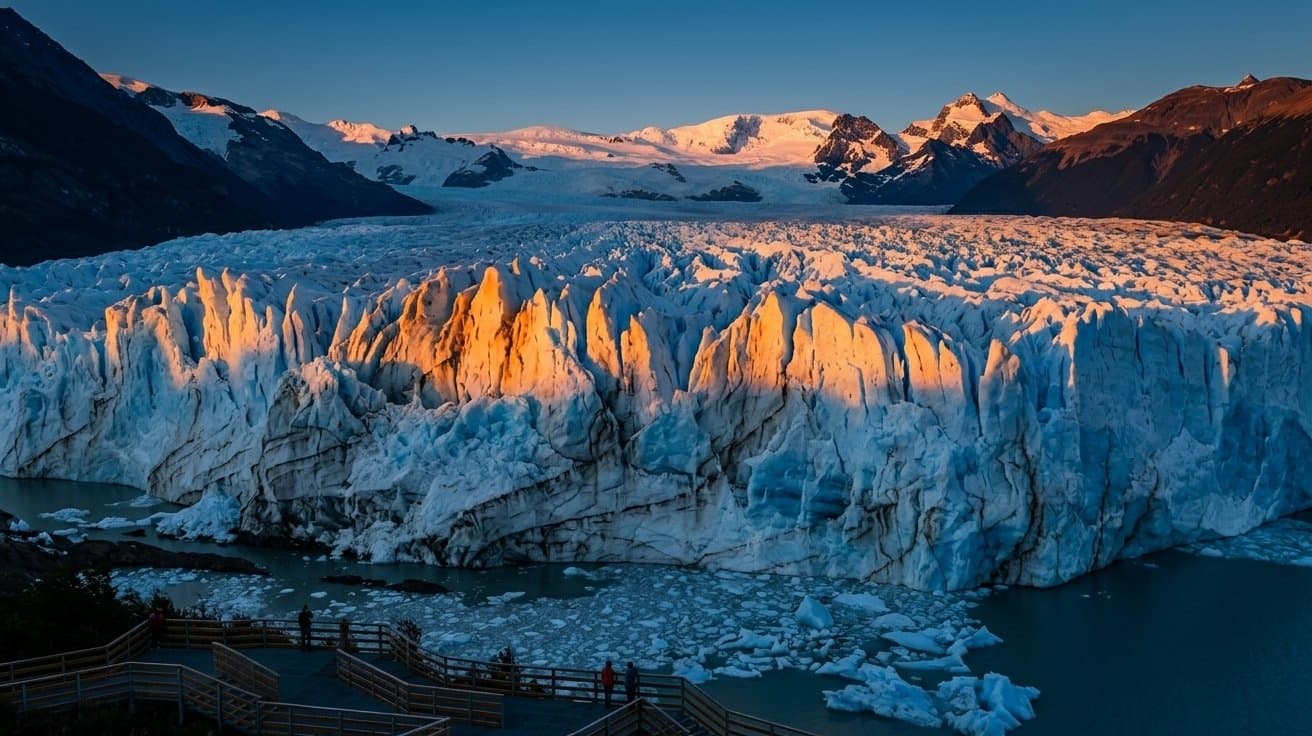 The Perito Moreno glacier in Argentine Patagonia at sunrise, its ice pinnacles lit gold against snow-covered Andean peaks