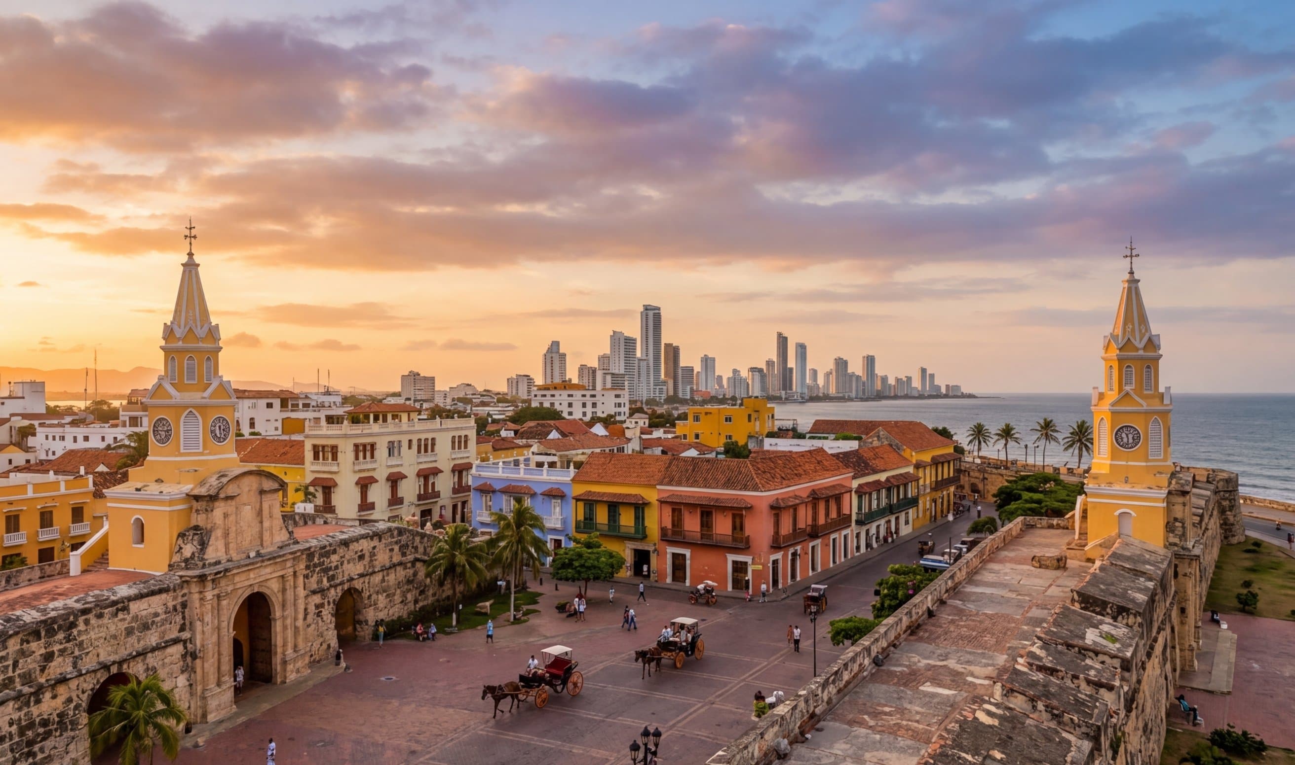 Cartagena's old city at sunset, with the yellow clock-tower gate, colonial balconies and the Bocagrande skyline across the bay