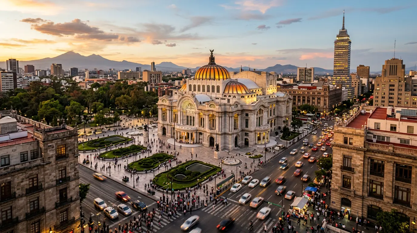 Mexico City skyline at dusk with the Angel of Independence