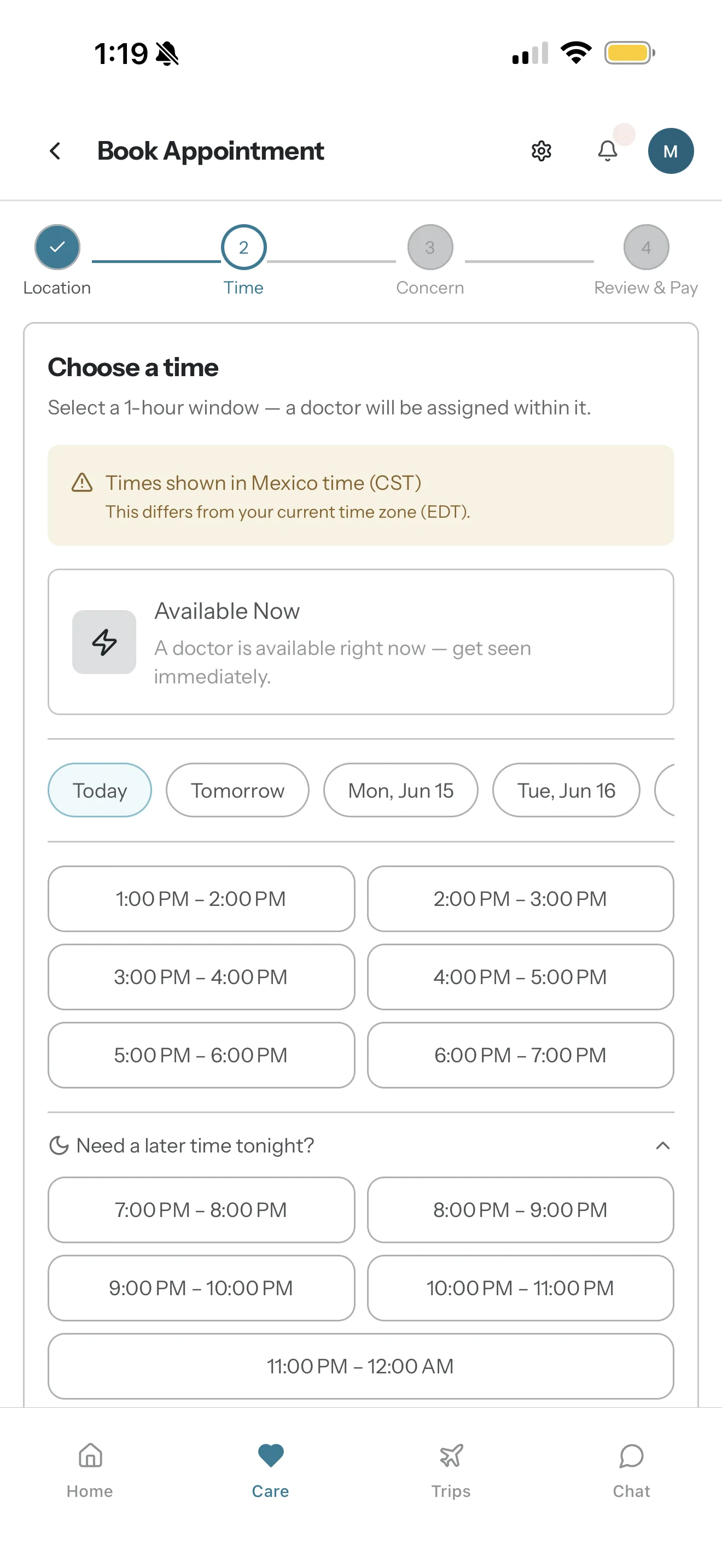 Awayward app booking screen to request a consultation