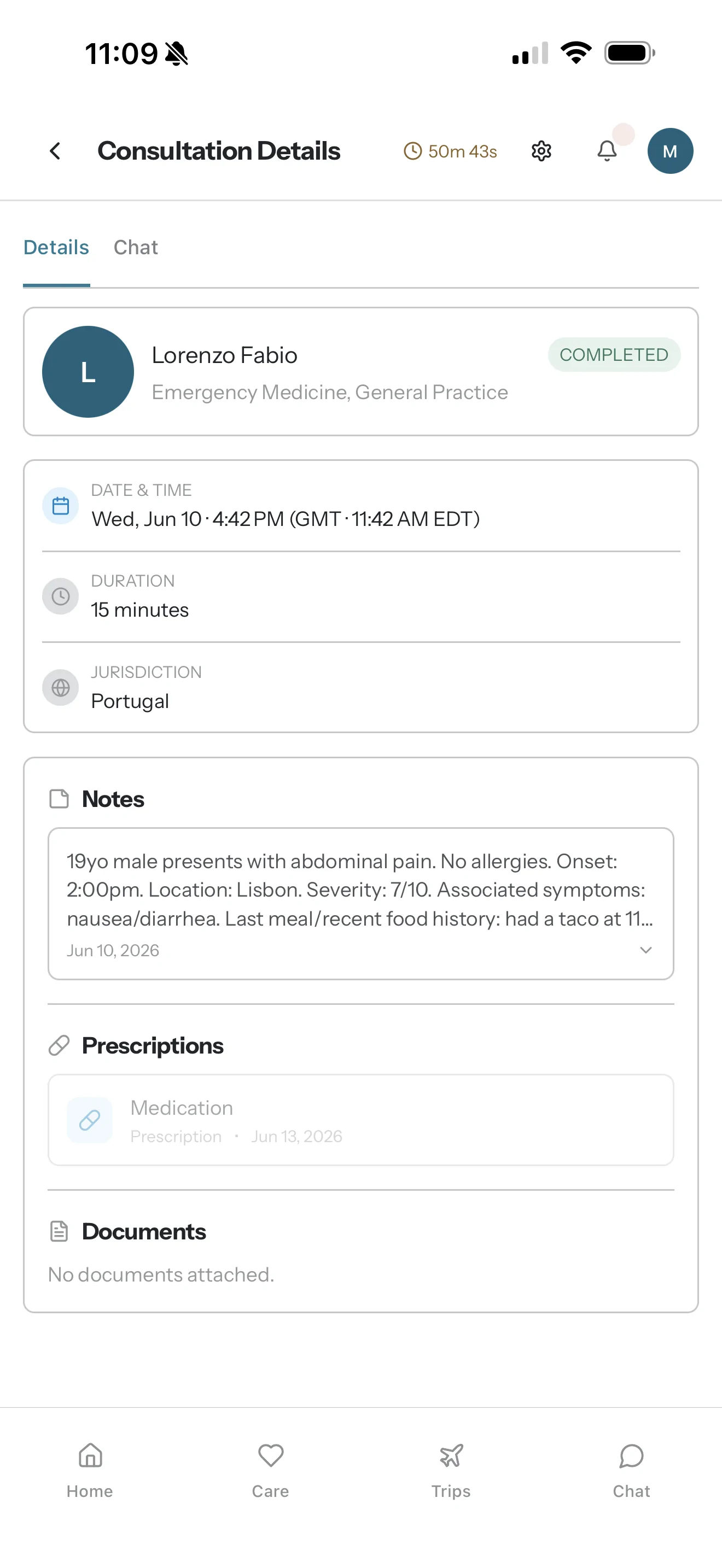 Awayward app consultation notes and local prescriptions screen