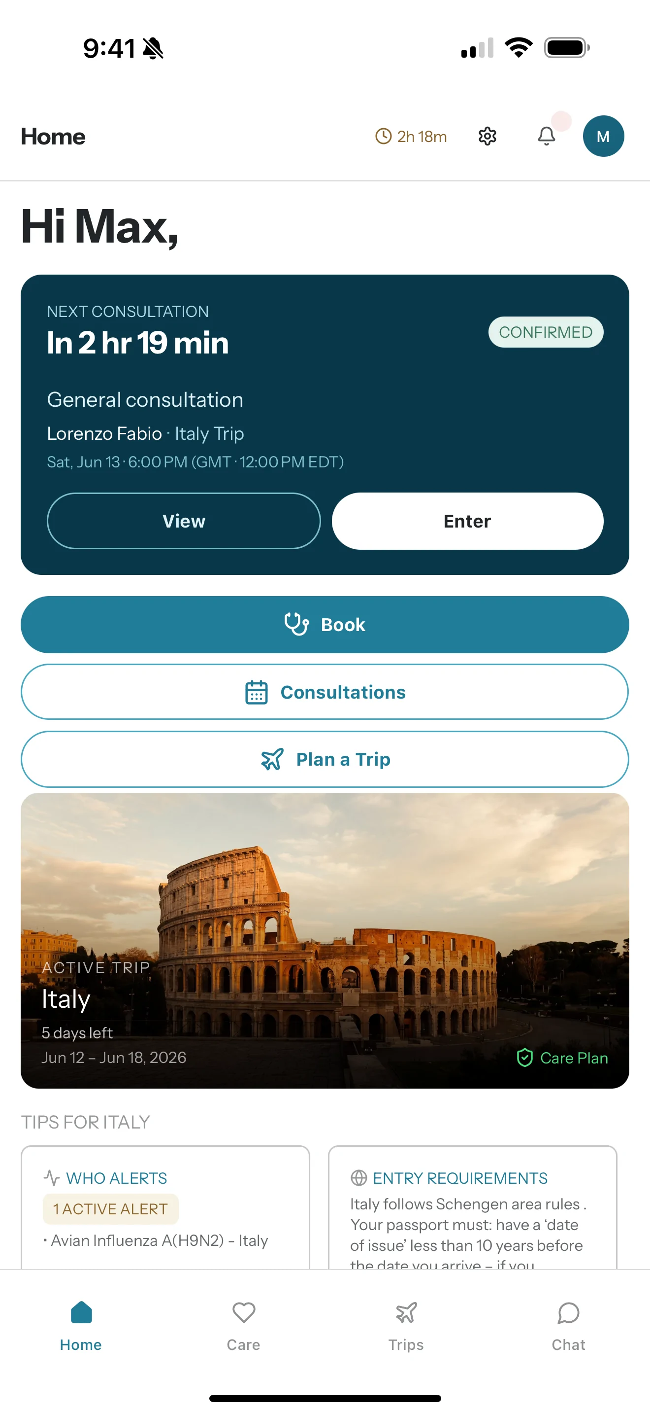 Awayward app home screen showing your next consultation and active trip